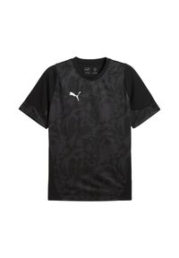 Zwarte sport T-shirt met korte mouwen. Heeft een gestructureerde voorkant met een camouflagepatroon en een wit logo op de borst.