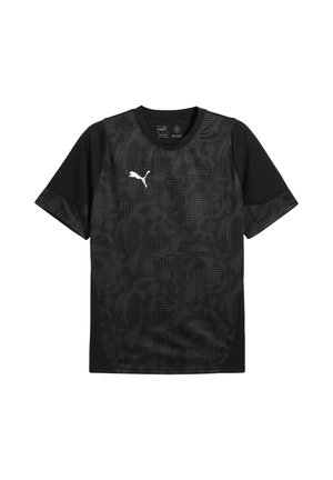 Zwarte sport T-shirt met korte mouwen. Heeft een gestructureerde voorkant met een camouflagepatroon en een wit logo op de borst.