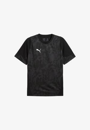 Schwarzes Sport-T-Shirt mit kurzen Ärmeln. Verfügt über eine strukturierte Vorderseite mit einem Tarnmuster und einem weißen Logo auf der Brust.