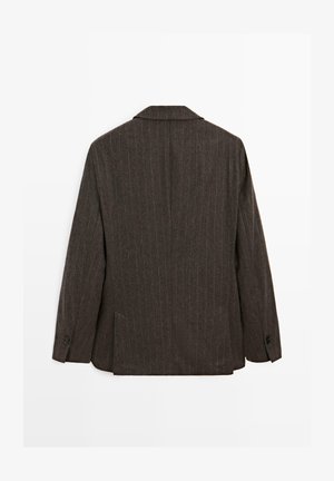 Brown pinstriped blazer with a classic lapel, featuring structured shoulders and a single vent at the back. Two-button cuffs.
