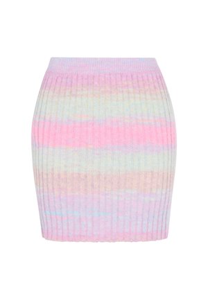 Fustă mini ribbată pastel cu dungi orizontale în nuanțe de roz, albastru și crem, concepută pentru un aspect ajustat.