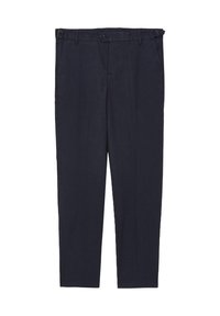 Pantaloni di lino blu navy con fronte piatto, tasche laterali e chiusura con un bottone. Design slim fit con passanti per cintura e gambe diritte.