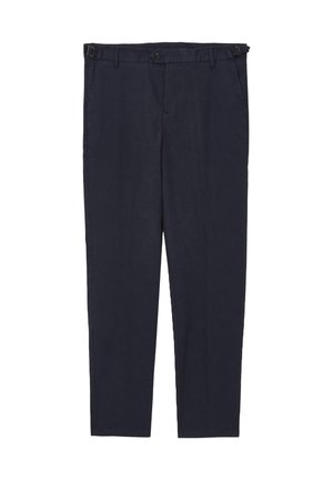 Marineblaue Leinenhose mit flacher Front, Seitentaschen und einem knöpfbaren Verschluss. Slim-Fit-Design mit Gürtelschlaufen und geradem Bein.