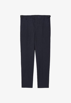 Marineblaue Leinenhose mit flacher Front, Seitentaschen und einem knöpfbaren Verschluss. Slim-Fit-Design mit Gürtelschlaufen und geradem Bein.