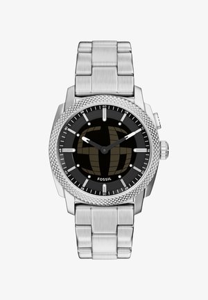 Montre-bracelet Fossil argentée avec cadran texturé noir, bracelet à maillons métalliques, et aiguilles blanches des heures et des minutes indiquant 10h10.