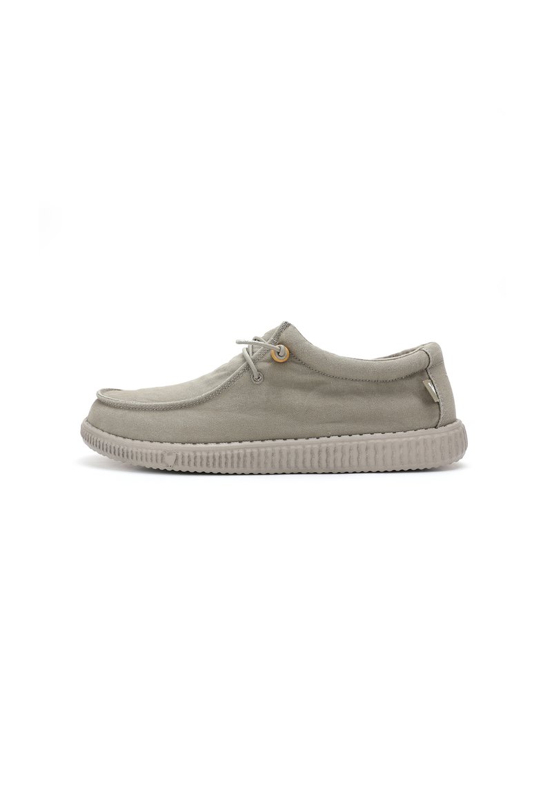 Gray suede shoe with a rounded toe, lace-up closure, and stitched detailing. Textured rubber sole with a ribbed pattern.