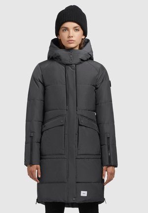 Padded dark gray parka with a zip closure, adjustable hood, and two front pockets. Features textured fabric and a branded label at the hem.