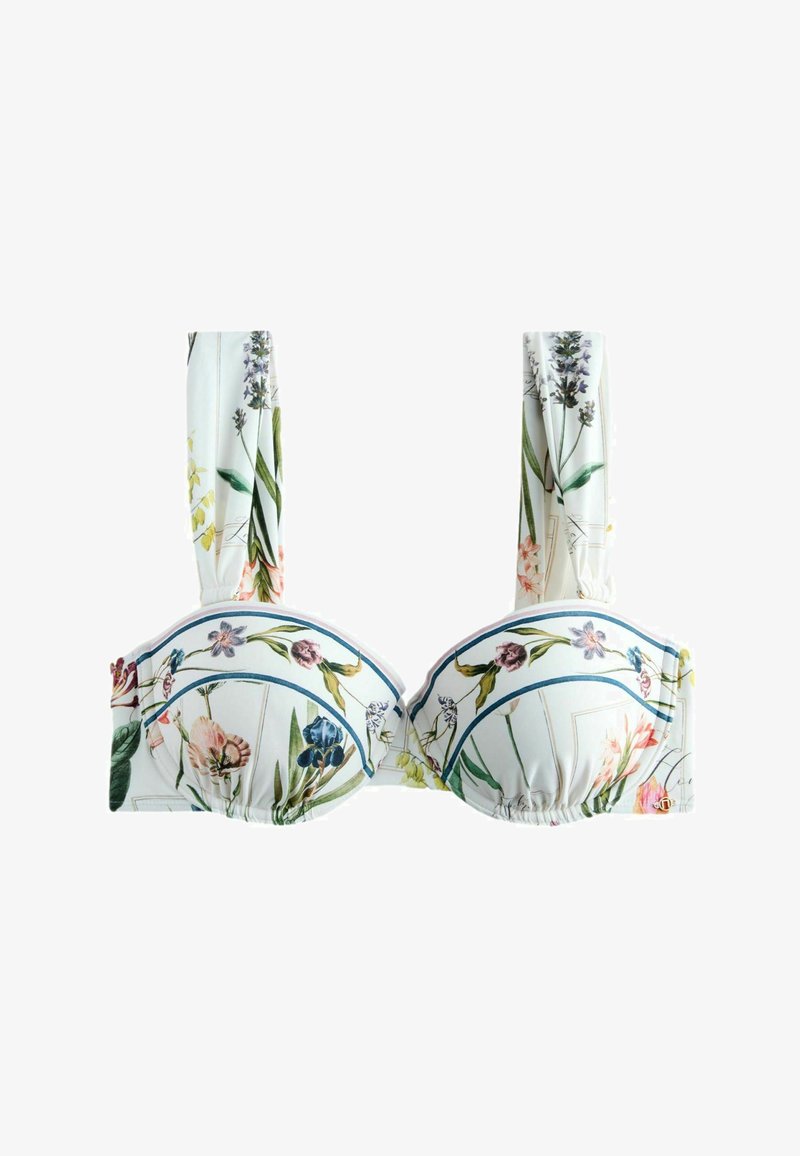 Biely kvetinový vrchný diel bikín s vypchávkami a širokými ramienkami, s viacfarebnou botanickou potlačou a modrými zakrivenými líniami.