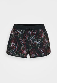 Svart badeshorts med fargerikt blomsterdesign, elastisk midjebånd, justerbar snøring og Roxy-logo på siden.