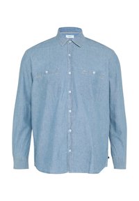 Lichtblauwe denim shirt met lange mouwen, knoopsluiting bij de kraag en twee borstzakken. Zachte textuur met zichtbare stikdetails.