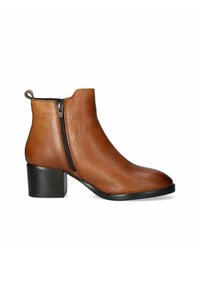 Stivaletto in pelle marrone con zip laterale, punta tonda e tacco spesso nero, caratterizzato da una texture liscia e un design minimalista.