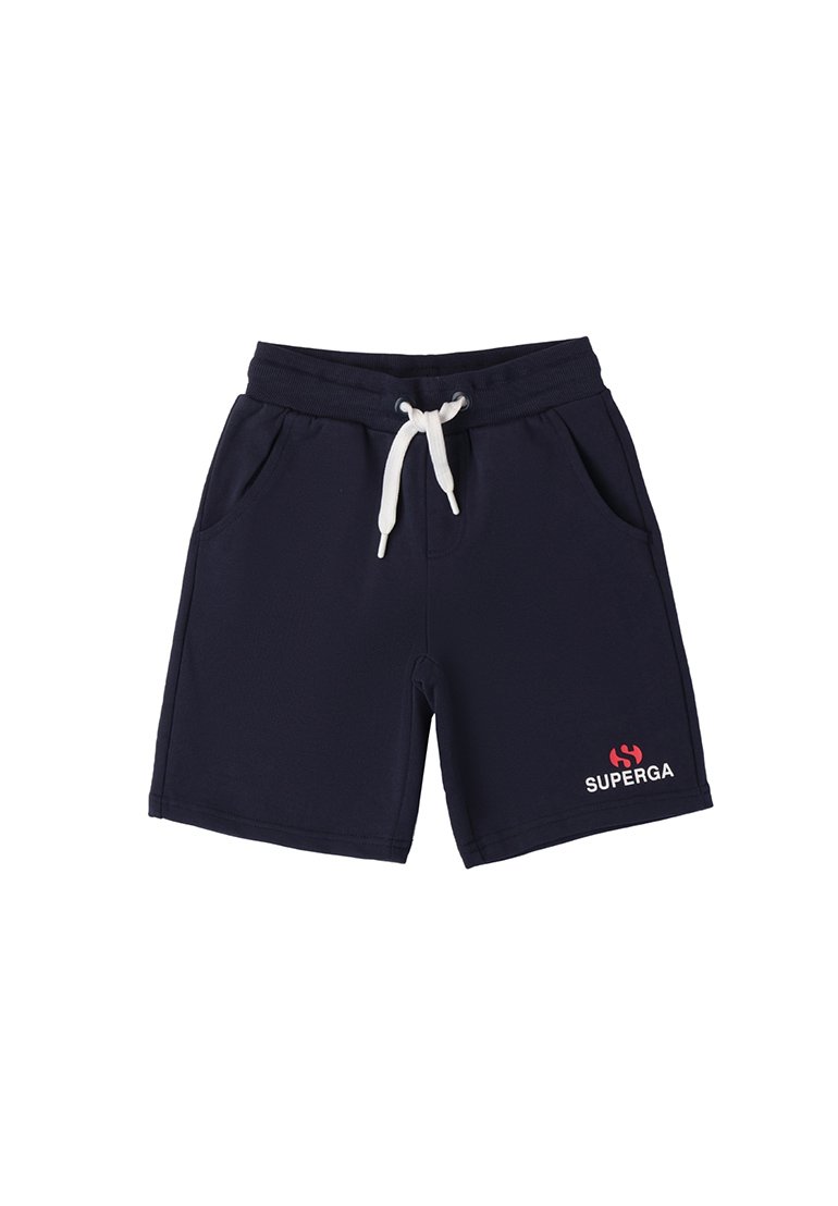Pantaloni corti in cotone blu navy con cintura elastica, cordoncino, tasche laterali e un piccolo logo rosso "SUPERGA" in basso a sinistra.