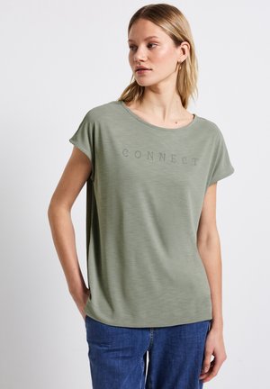 T-shirt verde oliva a maniche corte con vestibilità comoda, caratterizzato da un collo rotondo e la scritta "CONNECT" stampata in toni delicati sul petto.