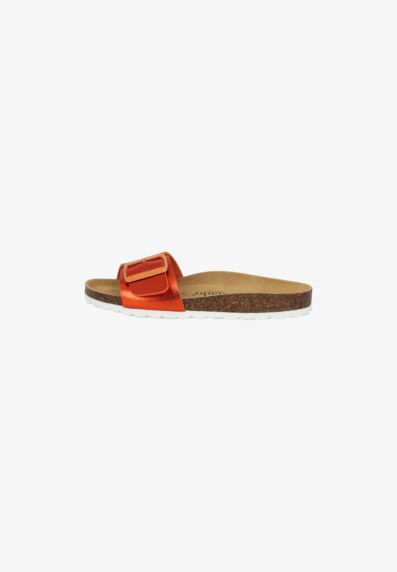 Orange syntetisk slip-in sandal med en bred rem, utrustad med en rektangulär metallspänne, korkfotbädd och vit gummisula.