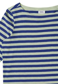 T-shirt à manches courtes avec des rayures horizontales bleues et vert clair et un col rond.
