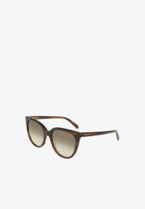 Occhiali da sole a occhio di gatto con montatura color tartaruga marrone e lenti sfumate. Caratterizzati da un design elegante e dettagli hardware discreti sulle aste.