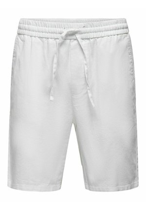 White shorts made from lightweight fabric, featuring an elastic waistband with a drawstring, and a smooth, textured surface.