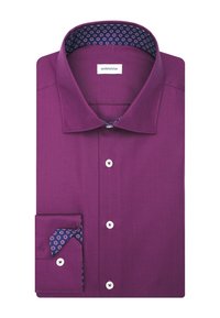 Camicia da uomo piegata di colore viola scuro con bottoni bianchi e rivestimenti a motivo all'interno del colletto e dei polsini.