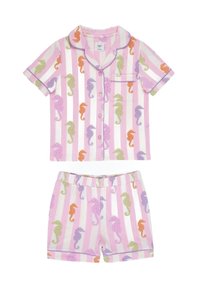 Short-sleeve pink and white striped pajama set featuring colorful seahorse patterns on both top and shorts, with a single chest pocket.