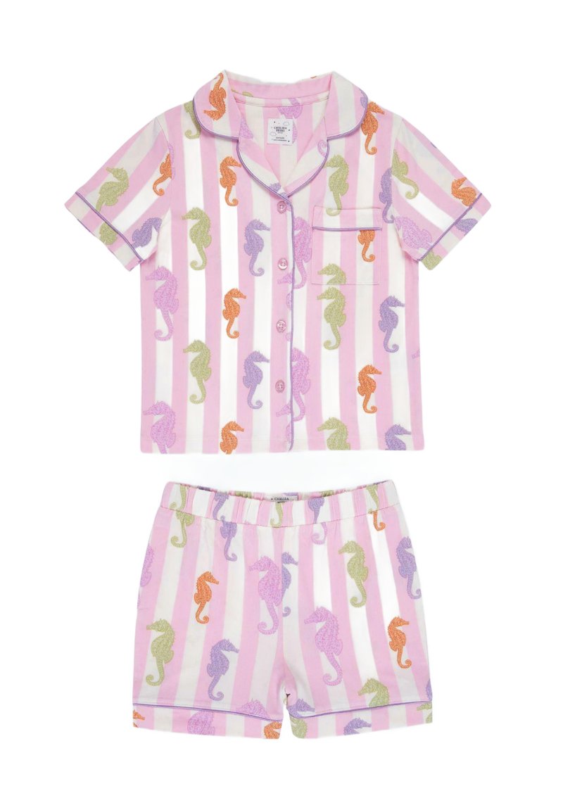 Short-sleeve pink and white striped pajama set featuring colorful seahorse patterns on both top and shorts, with a single chest pocket.