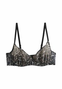Reggiseno a stampa leopardata nero e grigio con tessuto trasparente, supporto con ferretto e spalline regolabili. Presenta un bordo smerlato e chiusura a gancio.