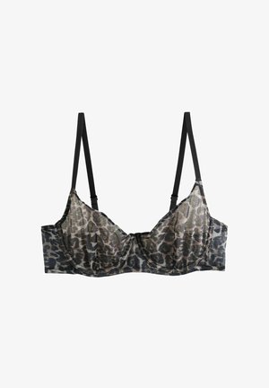 Schwarzer und grauer Leo-Print-BH mit transparenter Stoff, Unterdrahtunterstützung und verstellbaren Trägern. Mit gewelltem Saum und Häkchenverschluss.