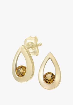 Ohrringe in Goldton in Tropfenform mit offenem Design und einem zentralen Bernstein-Kristall-Akzent, der poliertes Metall und eine glatte Textur hervorhebt.