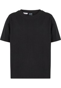 Melnas kokvilnas T-krekls, apaļa kakla izgriezums, īsas piedurknes, vienkāršs dizains, mīksta tekstūra, taisns apakšmalas griezums. Nav ievērojamu rakstu vai akcentu.