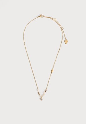 Collier délicat en chaîne d'or avec de petites perles et des pierres précieuses rondes transparentes disposées en forme de V douce.