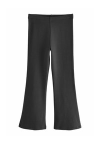 Schwarze, aus dehnbarem, leichtem Stoff gefertigte, ausgestellte Leggings mit einer glatten Textur. Verfügt über einen elastischen Bund und ein schlichtes Design.