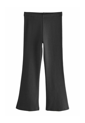 Schwarze, aus dehnbarem, leichtem Stoff gefertigte, ausgestellte Leggings mit einer glatten Textur. Verfügt über einen elastischen Bund und ein schlichtes Design.