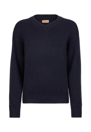Marineblauer V-Ausschnitt-Pullover aus weichem Strickstoff; mit gerippten Bündchen und Saum. Einfaches, klassisches Design ohne Muster oder Verzierungen.