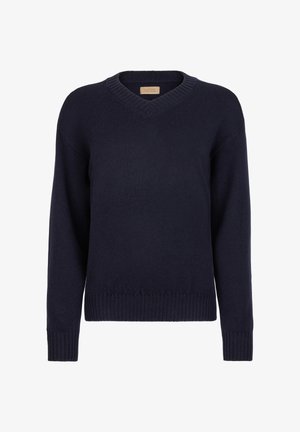 Granatowy sweter z dekoltem w serek, wykonany z miękkiej dzianiny; posiada prążkowane mankiety i dół. Prosty, klasyczny design bez wzorów i ozdobników.