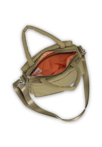 Zelená nylonová kabelka s textúrovaným povrchom, hornými rúčkami a odnímateľným ramenným popruhom. Vo vnútri má oranžové podšívku a uzavieranie na zips.