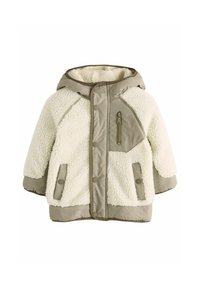 Cremefarbene Schafsleder- und Nylonjacke mit beige abgesetzten Nähten. Verfügt über eine Kapuze, Druckknopfverschlüsse und zwei seitliche Taschen sowie eine Reißverschlusstasche auf der Brust.