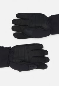 Schwarze Handschuhe mit einer Lederfläche und einem weichen, dehnbaren Stoff auf der Rückseite. Das Design umfasst gepolsterte Bereiche und griffige Fingerspitzen.