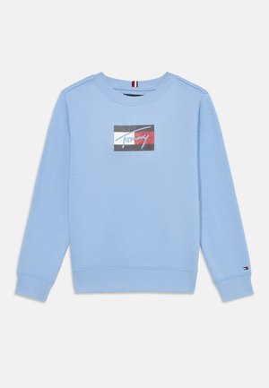Lichtblauwe sweatshirt van zacht materiaal, voorzien van een rechthoekig logo in zwart, wit en rood. Geribde manchetten en onderkant met logodetail op de mouw.