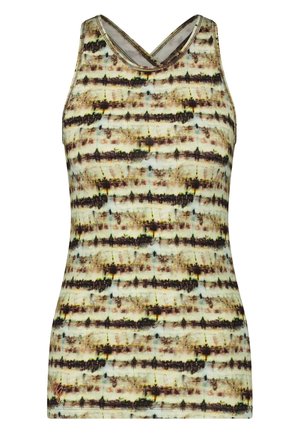 Multicolor tanktop met een crisscross-ontwerp op de rug. Gemaakt van zachte stof met een patroon van donkere en lichte horizontale strepen.