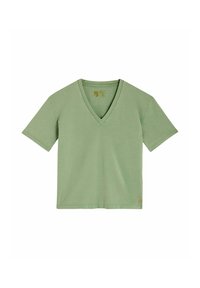 T-shirt vert en V fabriqué en coton doux. Manches courtes et coupe décontractée. Présente un logo subtil en bas de l'ourlet.