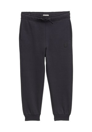 Dunkelgraue Jogginghose mit einem elastischen Bund, Kordelzug, zwei Seitentaschen und gerippten Bündchen. Mit einem kleinen Logo-Patch.