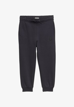 Donkergrijze joggers met een elastische tailleband, trekkoordsluiting, twee zijzakken en geribbelde boorden. Voorzien van een klein logopatch.