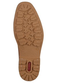 Semelle de chaussure en caoutchouc marron avec une semelle profonde, motifs en forme d'étoile au centre, et logo "Rieker" près du talon.