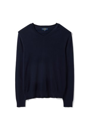 Navy blue long-sleeve V-neck sweater with ribbed cuffs and hem, laid flat on a white background.