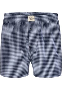 Blauwe en witte geruite boxershort met een elastische tailleband, een knoopsluiting aan de voorkant en een klein zakje aan de zijkant. Gemaakt van zachte katoenstof.