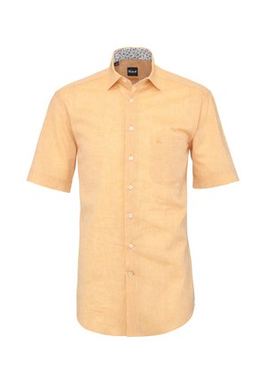 Kurzärmeliges Herrenhemd zum Knöpfen in hellem Orange mit Brusttasche und gemustertem innerem Kragenbesatz.