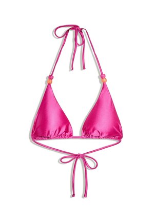Élénk rózsaszín szatén háromszög bikini felsőrész pántos nyak- és hátkötővel, apró, kerek narancssárga és rózsaszín gyöngyökkel díszítve a pántokon.