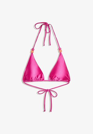 Élénk rózsaszín szatén háromszög bikini felsőrész pántos nyak- és hátkötővel, apró, kerek narancssárga és rózsaszín gyöngyökkel díszítve a pántokon.