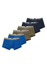 Five pairs of men’s boxer briefs in blue, olive, and navy colors. Soft cotton fabric, featuring a wide elastic waistband with logo.