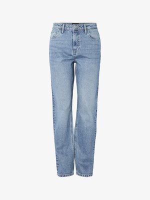 Hõbedased helesinised kõrge vöökohaga sirge säärega teksapüksid, millel on ees nupud, lukk, vööaasad ja viiepokiline disain.