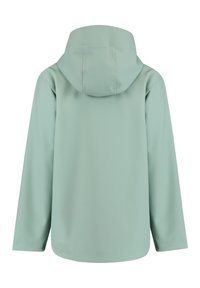 Light green, long-sleeve jacket with a hood, smooth fabric, and straight hem. Features simple design with no visible hardware or accents.